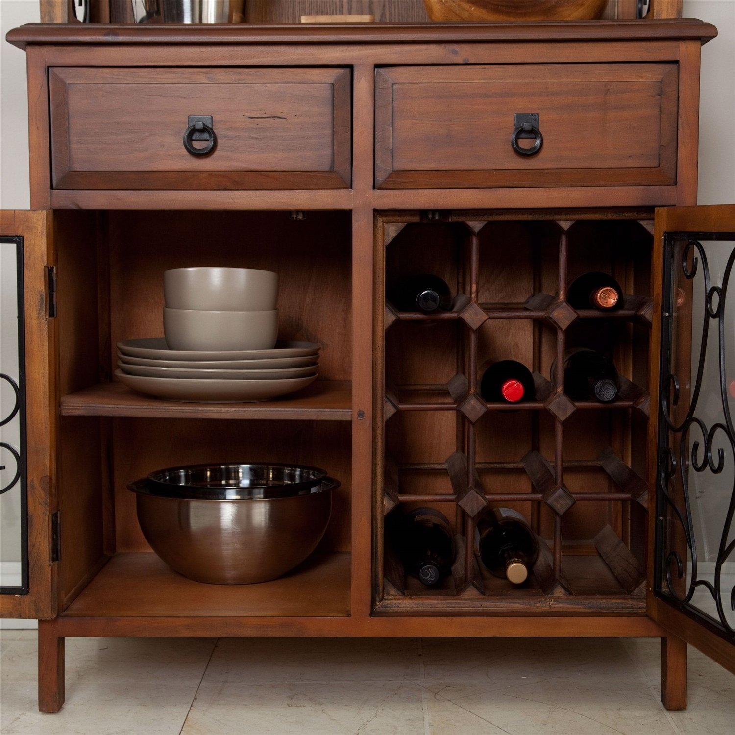 Dark Oak Wood Finish Bakers Rack Server with Wine Storage Hutch